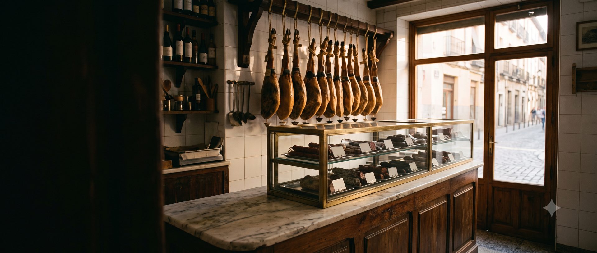 Mostrador de charcutería con jamones y embutidos