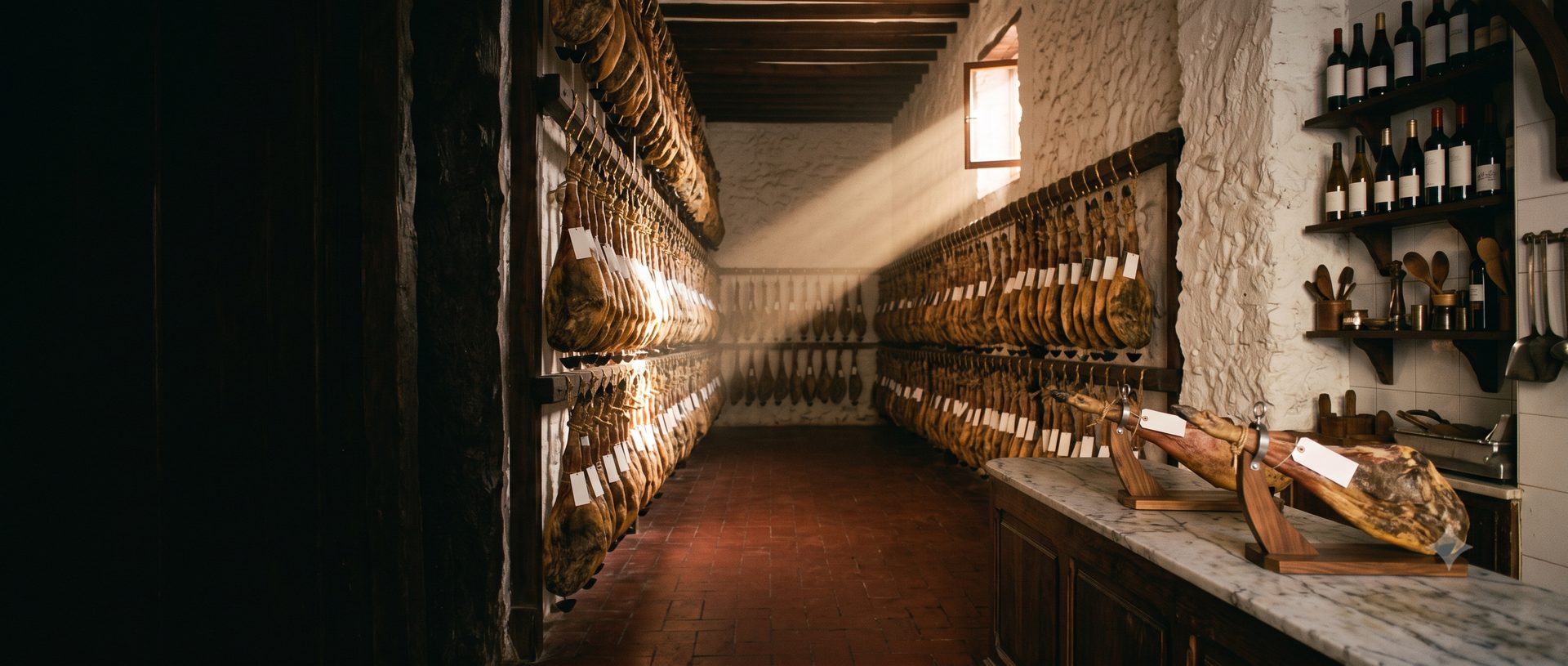Bodega de curación con jamones colgados